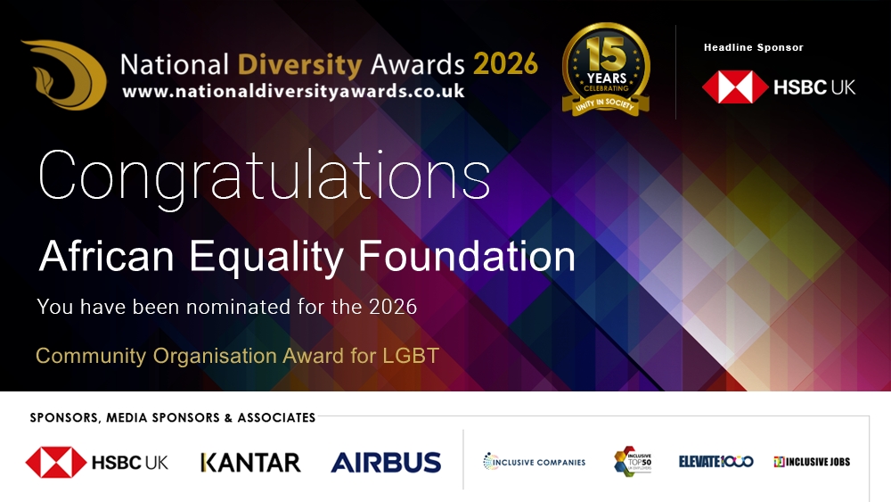 ndawards's tweet photo. Congratulations to African Equality Foundation @AfricanEqualit3 who has been nominated for the Community Organisation Award for LGBT at The National Diversity Awards 2026. To vote please visit https://t.co/7icr3pzdIf #NDA26 #Nominate #VotingNowOpen https://t.co/E4gO9Yo97K