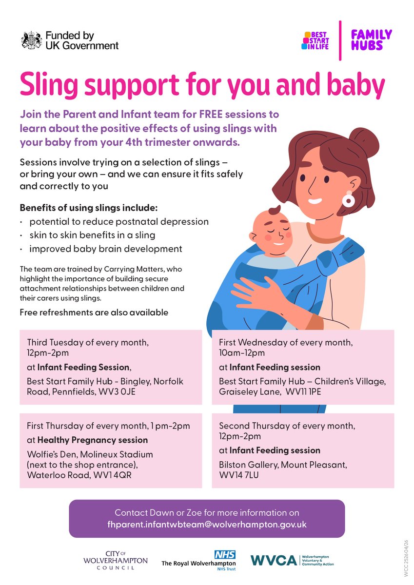 W_tonFamilyHubs's tweet photo. Come along to learn how to safely babywear and test different slings and carriers out, all to improve attachment with your little one and help baby’s development.
Free refreshments are available. 
Contact Dawn or Zoe for more details at fhparent.infantwbteam@wolverhampton.gov.uk https://t.co/2IadWqlp2U