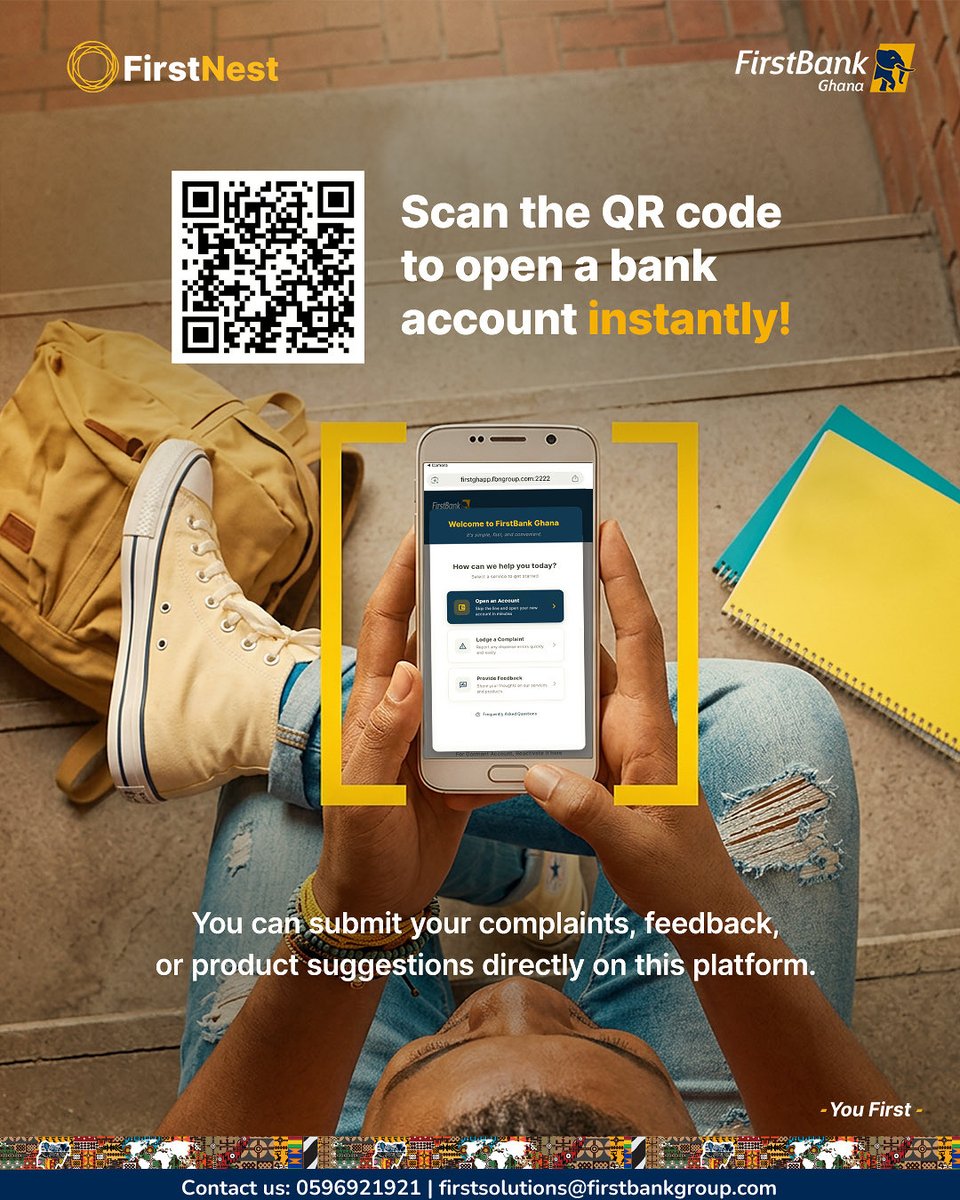 FirstBankGhana's tweet photo. Banking made simple. โก๏ธ Scan the QR code to open your account in seconds and access our new feedback hub. ๐ฒ Submit complaints, suggestions, or feedback directly anytime, anywhere.
#YouFirst #FirstNest #banking https://t.co/1ZDQPPdBXN