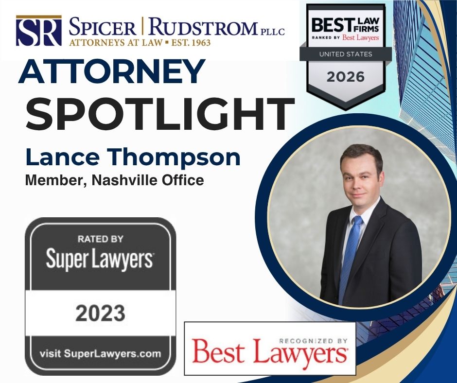 SpicerRudstrom's tweet photo. We are shining our Attorney Spotlight on Lance Thompson from our Nashville office. Clients and colleagues value Lance for his sharp analytical mind, exceptional brief writing, and strong advocacy skills. He takes a highly strategic, hands-on approach to every case. #NashvilleLaw https://t.co/4uZx3CkvhH