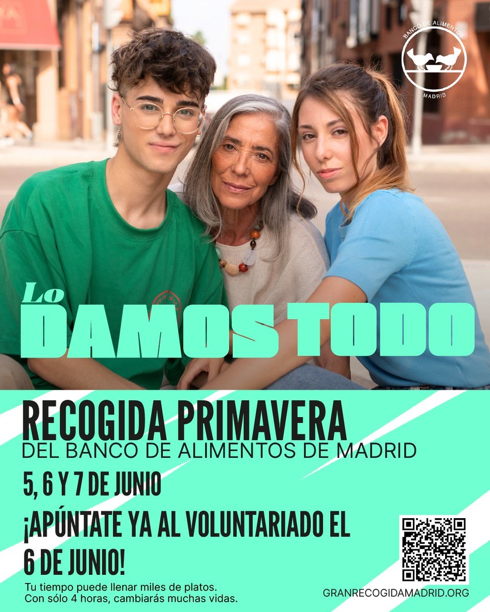 bancoalimadrid's tweet photo. ¿Tienes 4 horas para ayudar al Banco de Alimentos de Madrid?

Vuelve la Recogida Primavera y te necesitamos como voluntari@

Entra en 𝗴𝗿𝗮𝗻𝗿𝗲𝗰𝗼𝗴𝗶𝗱𝗮𝗺𝗮𝗱𝗿𝗶𝗱.𝗼𝗿𝗴 o infórmate en el 91 990 54 05 https://t.co/UL32UxOBWy