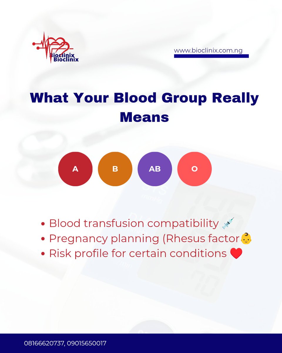 BioclinixMed's tweet image. When last did you confirm yours?  
It only takes minutes, and the clarity can make all the difference.  

Walk in or book your blood grouping test.

Fast results, same day.  

#BloodGroup #HealthFacts #MedicalEducation #BioclinixTips