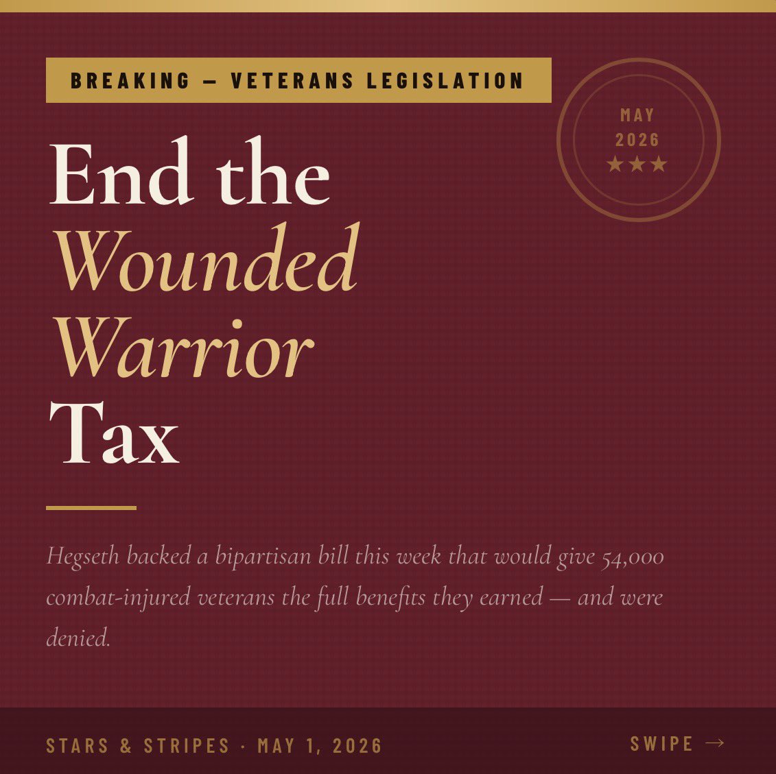 MLitigator's tweet photo. 54,000 combat-wounded veterans lose retirement pay dollar-for-dollar for every VA disability check they receive.
This week, Hegseth pledged to end it. The Richard Star Act has 402 co-sponsors.

#RichardStarAct #WoundedWarriorTax #CombatVeterans #VeteransBenefits #MilitaryLaw https://t.co/qRZpt5OmXh