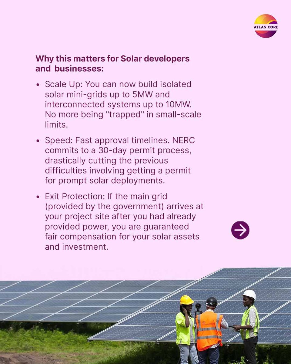 atlascoreenergy's tweet image. Nigeria’s new mini-grid regulations unlock scalable clean energy—up to 5MW (isolated) and 10MW (interconnected), with 30-day approvals and compensation protection. 

Atlas Core Energy turns these into bankable projects. 

Contact us to get started.
 
#SolarPower #AtlasCoreEnergy