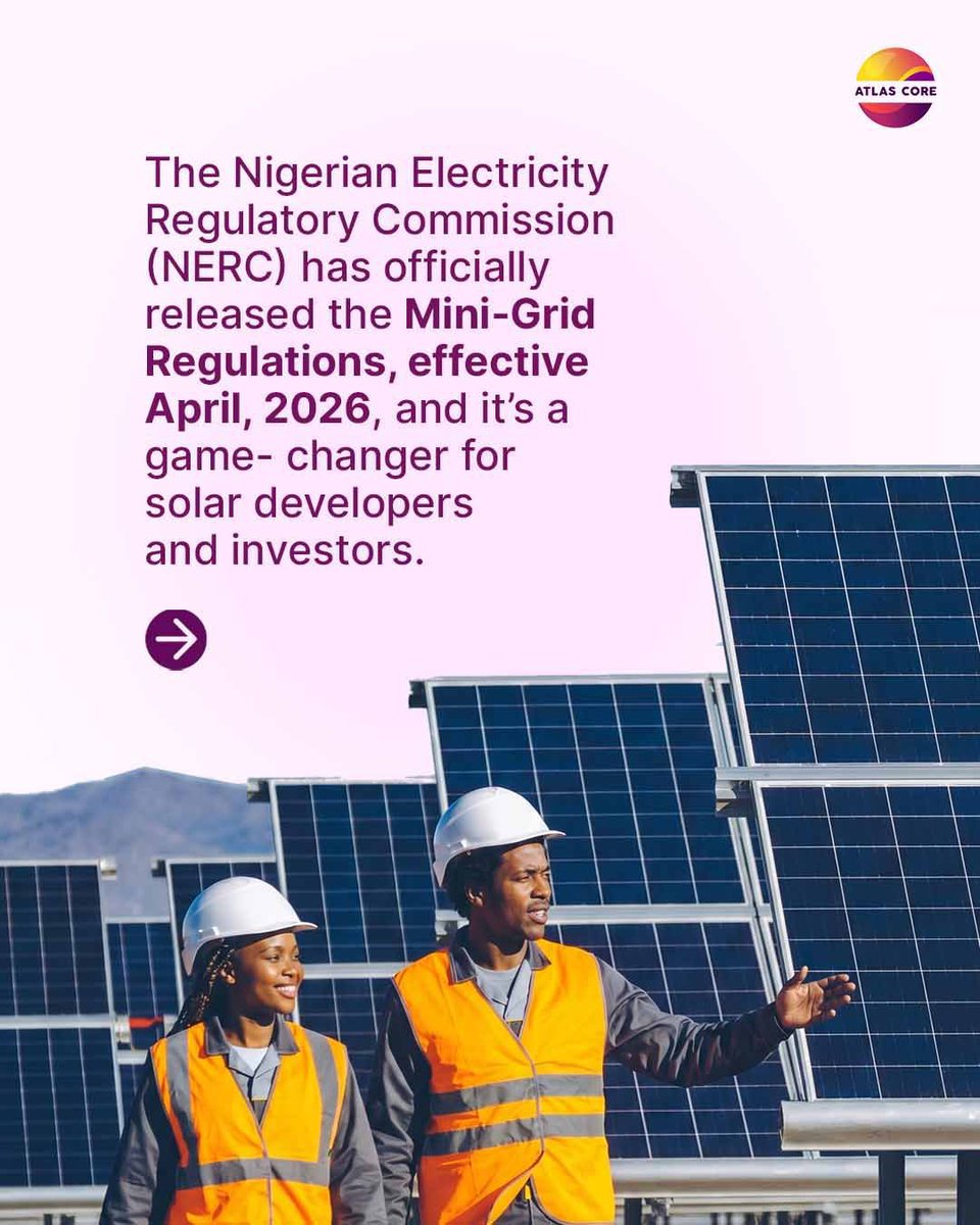 atlascoreenergy's tweet image. Nigeria’s new mini-grid regulations unlock scalable clean energy—up to 5MW (isolated) and 10MW (interconnected), with 30-day approvals and compensation protection. 

Atlas Core Energy turns these into bankable projects. 

Contact us to get started.
 
#SolarPower #AtlasCoreEnergy