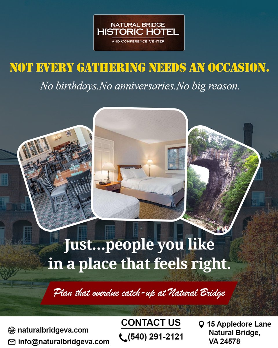 NaturalbridgeH's tweet image. Not every gathering needs an occasion.
Plan that overdue catch-up today!
📞 (540) 291-2121
🌐 naturalbridgeva.com
#naturalbridgeva #historicstay #weekendgetaway #travelvirginia #cozystays