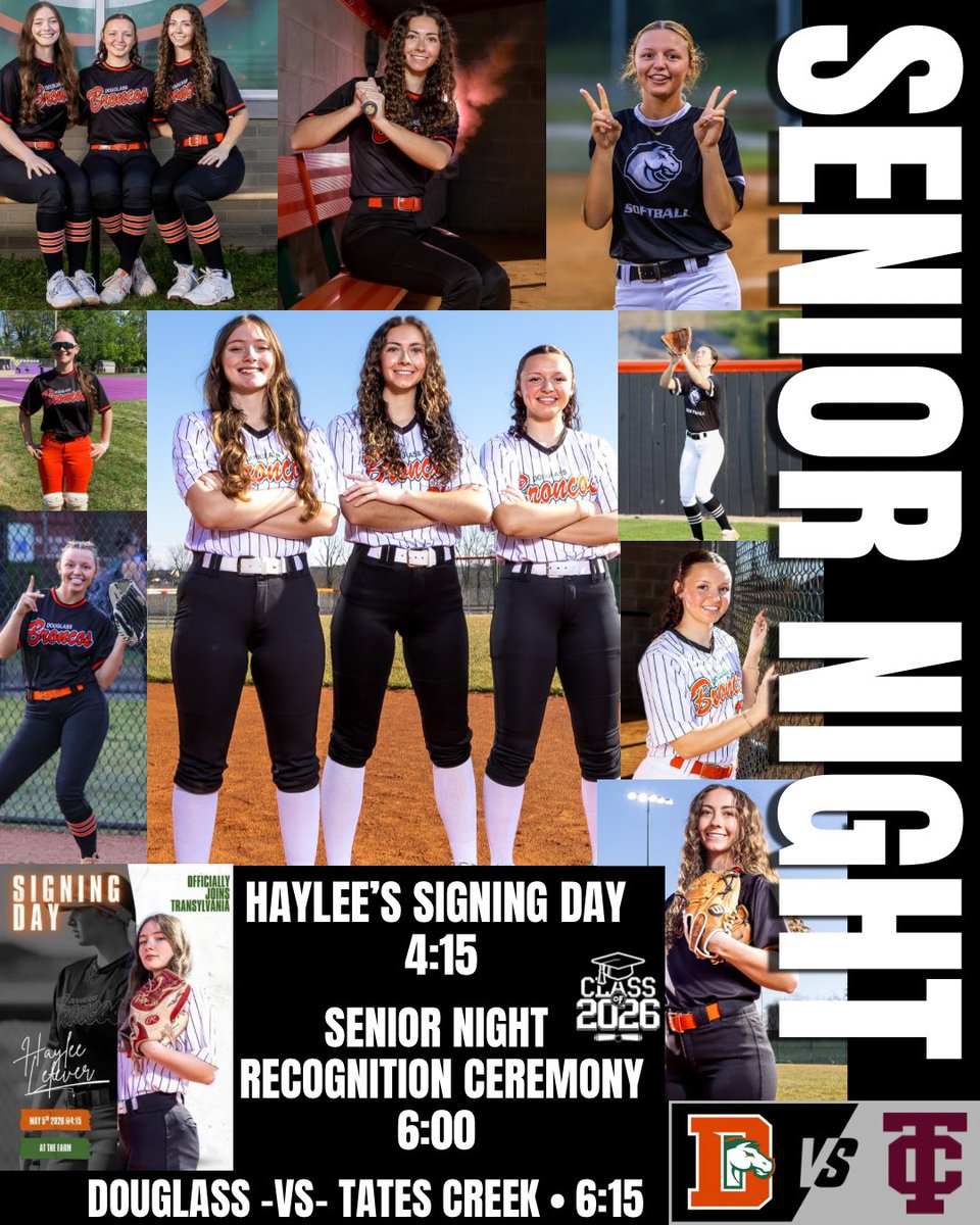 FDHS_softball's tweet image. Join us tonight at THE FARM for a special evening as we celebrate three incredible seniors—Haylee, Bailee, and Riley! 🧡💚
Let’s pack the stands and show our seniors all the love and support they deserve! 👏👏
@FDHSATHLETICS 
 #SeniorNight #SigningDay
#BroncoProud #HORSEPOWER