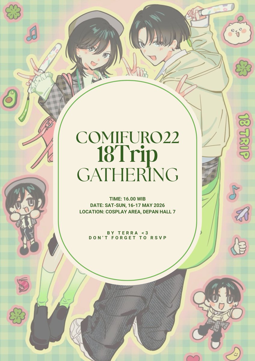 ✈️ 18TRIP CASUAL GATHERING @ COMIFURO 22 ✈️

Gathering ini bersifat sangat casual dan akan menjadi tempat untuk diskusi 18trip dan cari moots baru + foto2 bareng! 

Yang tertarik boleh isi form ini ya~ forms.gle/iQsR1y42Td54iu…