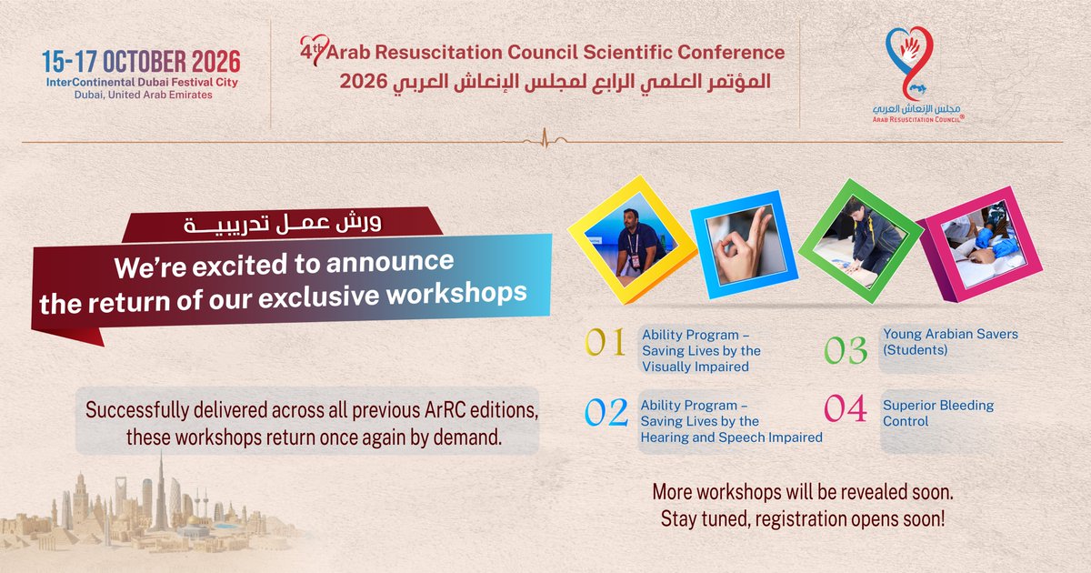ArabResusC's tweet photo. We’re bringing back our signature workshops at ArRC2026 — designed to equip, empower, and save lives.

More workshops coming soon. Stay tuned.

#ScientificConference #ArRC2026 #ArabResusCouncil #resuscitation #abstracts #research #Workshops #RegisterNow https://t.co/BAdWjehZUK
