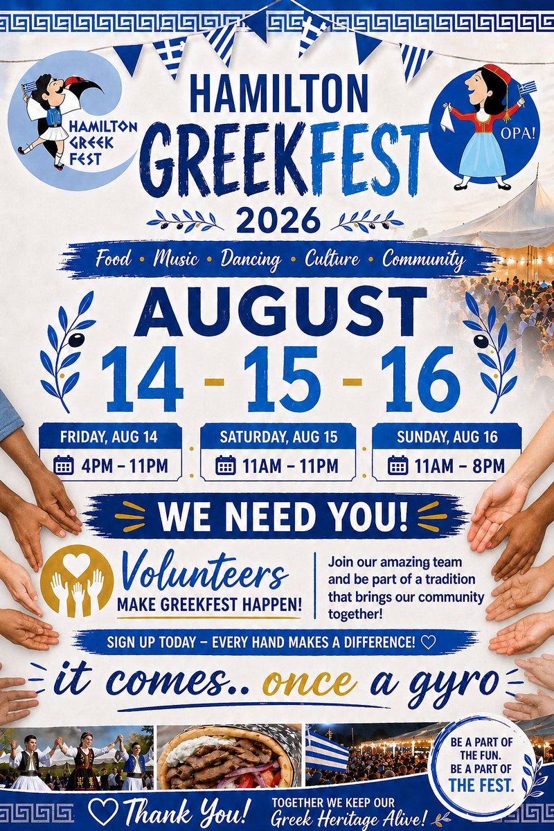 hamGreekFest's tweet photo. Hamilton get ready!!      
WE NEED YOU!!  Festival setup &amp; Post cleanup. 

Volunteering is a way to get involved and to make something greater. 

Fill out form below! Thank you! ❤️

https://t.co/oLtHO2TpqL https://t.co/e1wr8trRND