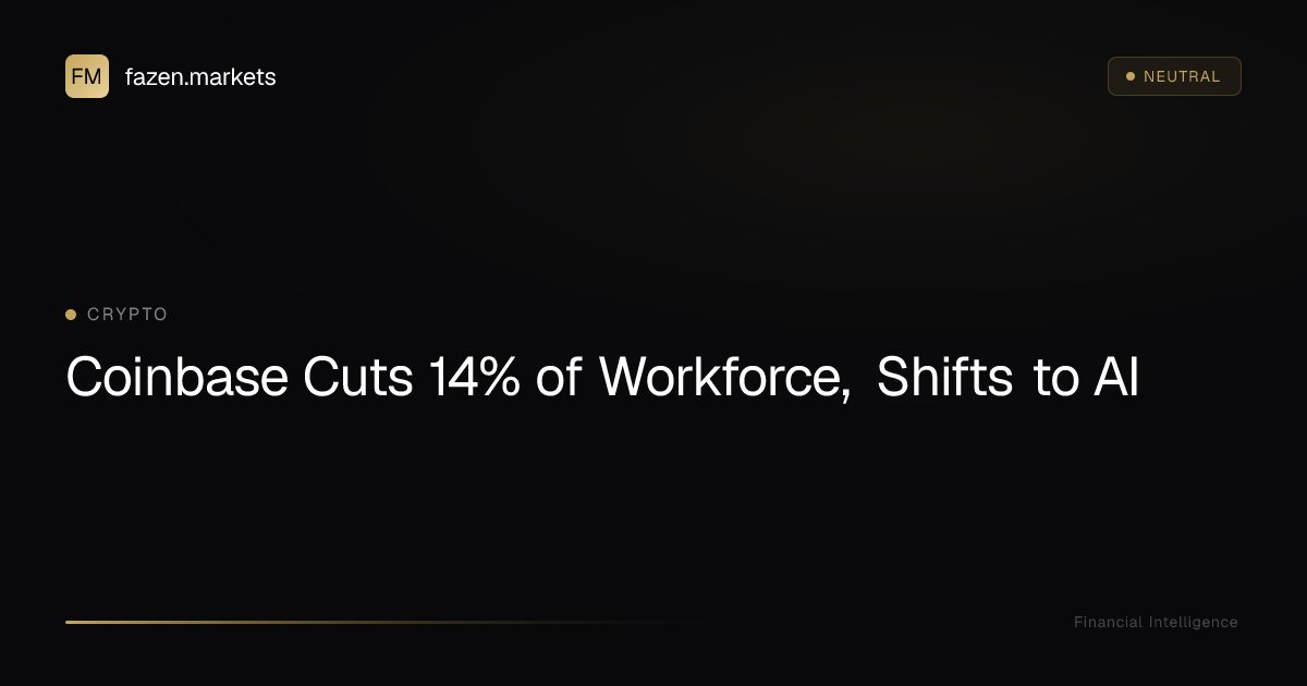 fazenmarkets's tweet photo. Coinbase Cuts 14% of Workforce, Shifts to AI: Coinbase will cut 14% of staff (effective May 5, 2026) as it flattens its org chart and prioritises AI-driven operations, per CEO… https://t.co/xRh3hlXuLF 👈 Read full analysis #Coinbase #AI #WorkforceReduction #TechNews #Investment https://t.co/oGu2wWI5Gj