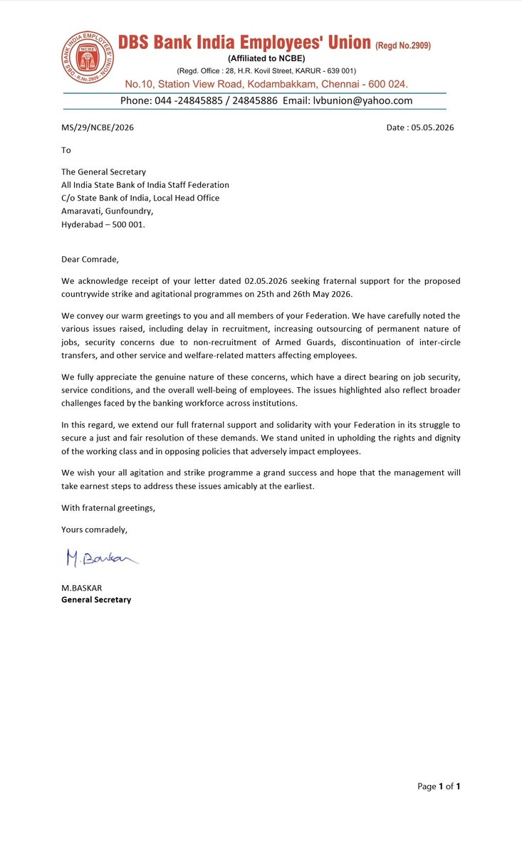 DBS Bank India Employees' Union extends its solidarity and fraternal ...