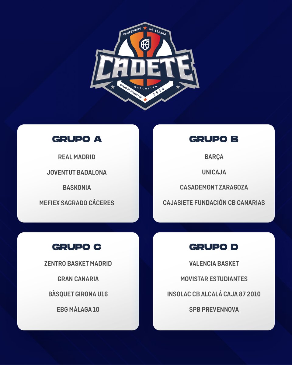 BaloncestoESP's tweet photo. 🚨 OFICIAL | Los Campeonatos #FEBCadete2026 ya tienen grupos y calendario 🧐

📝 MÁS INFO ⬇️
https://t.co/OonkMoWz70

#SomosEquipo https://t.co/f3bXTgKlsP
