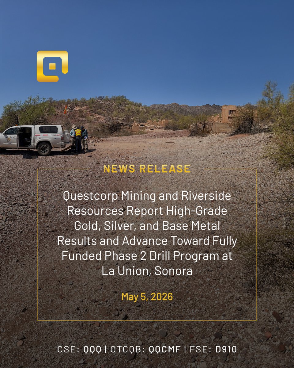 questcorpmining's tweet photo. Phase 2 exploration results at La Union confirmed 20 g/t Au over 2.9 m &amp; up to 1,827 g/t Ag, while also identifying new targets. With a fully funded drill program set for early summer 2026, the project is advancing.

Read: https://t.co/W6LEVdg8aF

#QQQ $QQQ.CN #QQCMF #D910 https://t.co/NJnLLEV5YV