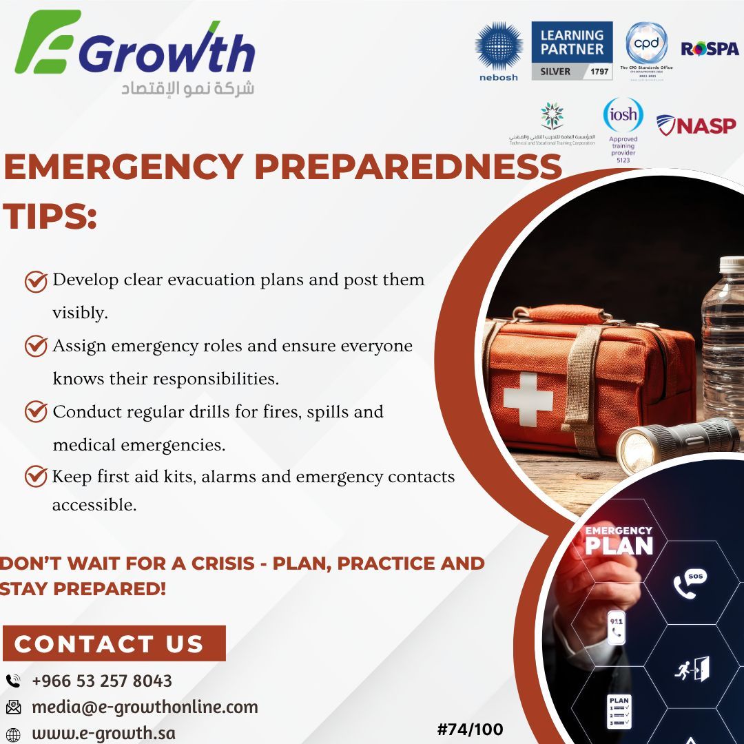 economygrowthco's tweet image. 🚨 Safety Tip #74 – Preparedness

✅ Have clear evacuation plans
✅ Assign roles
✅ Conduct regular drills
✅ Keep emergency tools ready

Plan. Practice. Stay prepared!
📱 wa.me/966532578043 
#EmergencyPreparedness #FireSafety #SafetyFirst
