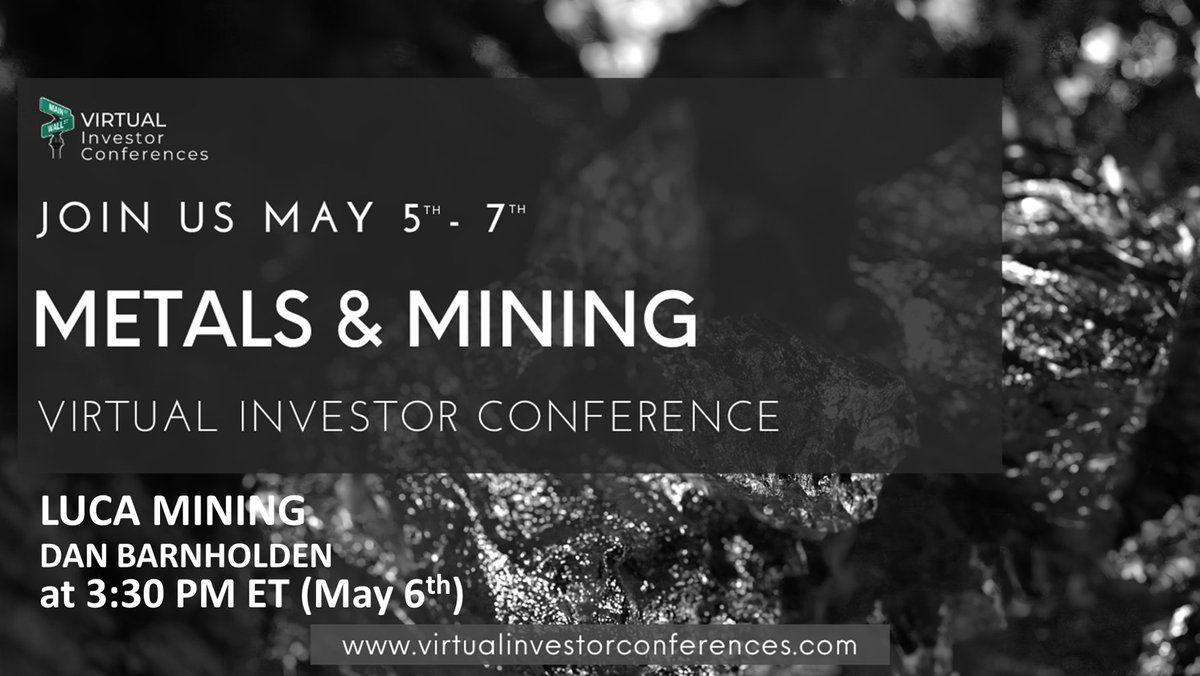 LucaMining's tweet photo. Luca Mining's CEO Dan Barnholden will present at @RIConferences on Wednesday, May 6th  at 3:30 PM ET. Get details on the webcast here: https://t.co/CB5Ys5LQEx
(OTCQX: $LUCMF, TSXV: $LUCA)

#LUCA #Gold #Silver #BaseMetals #Mining #Mexico https://t.co/o3fpDcCQyY