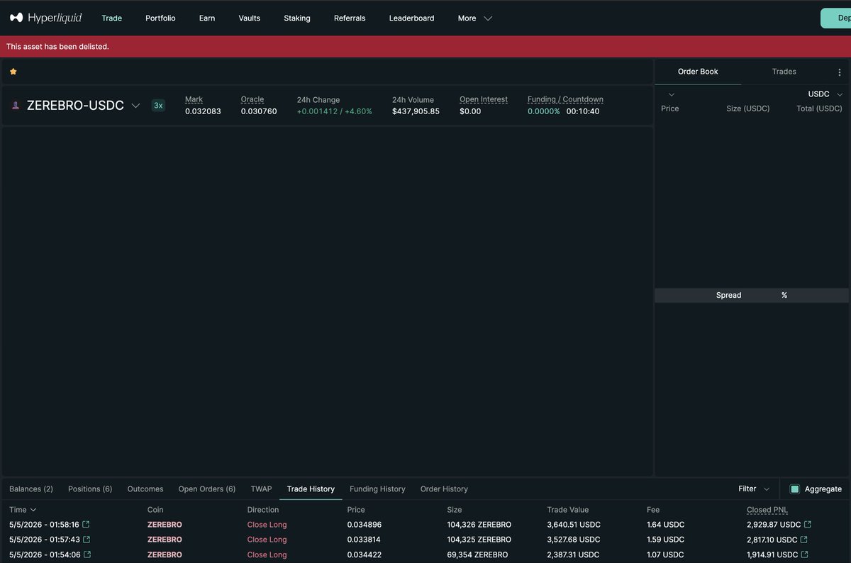 I’ve been forced to close the rest of my  $ZEREBRO futures position right before the delisting on Hyperliquid.
It hurts to do so but we move on regardless. Profit was made. Glad I still have a decent $ZEREBRO spot position to ride the incoming wave. I strongly think $ZEREBRO will