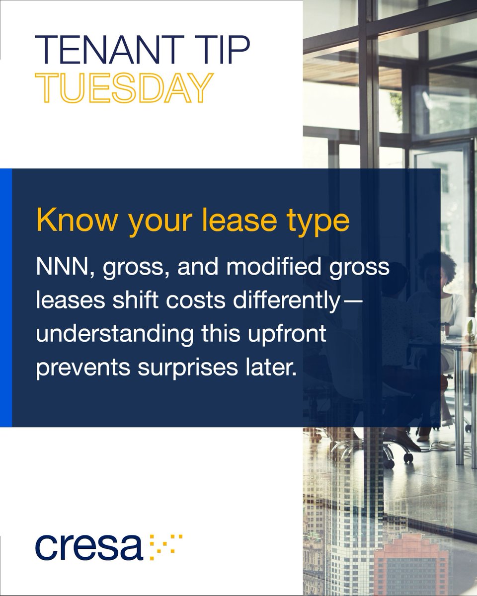 Know your lease, know your costs. NNN, gross, or modified gross—each structure impacts what you actually pay. Understanding the differences upfront helps you avoid surprises down the road. 

#TenantTips #CresaIndy #CRELeasing #CommercialRealEstate #LeaseNegotiation