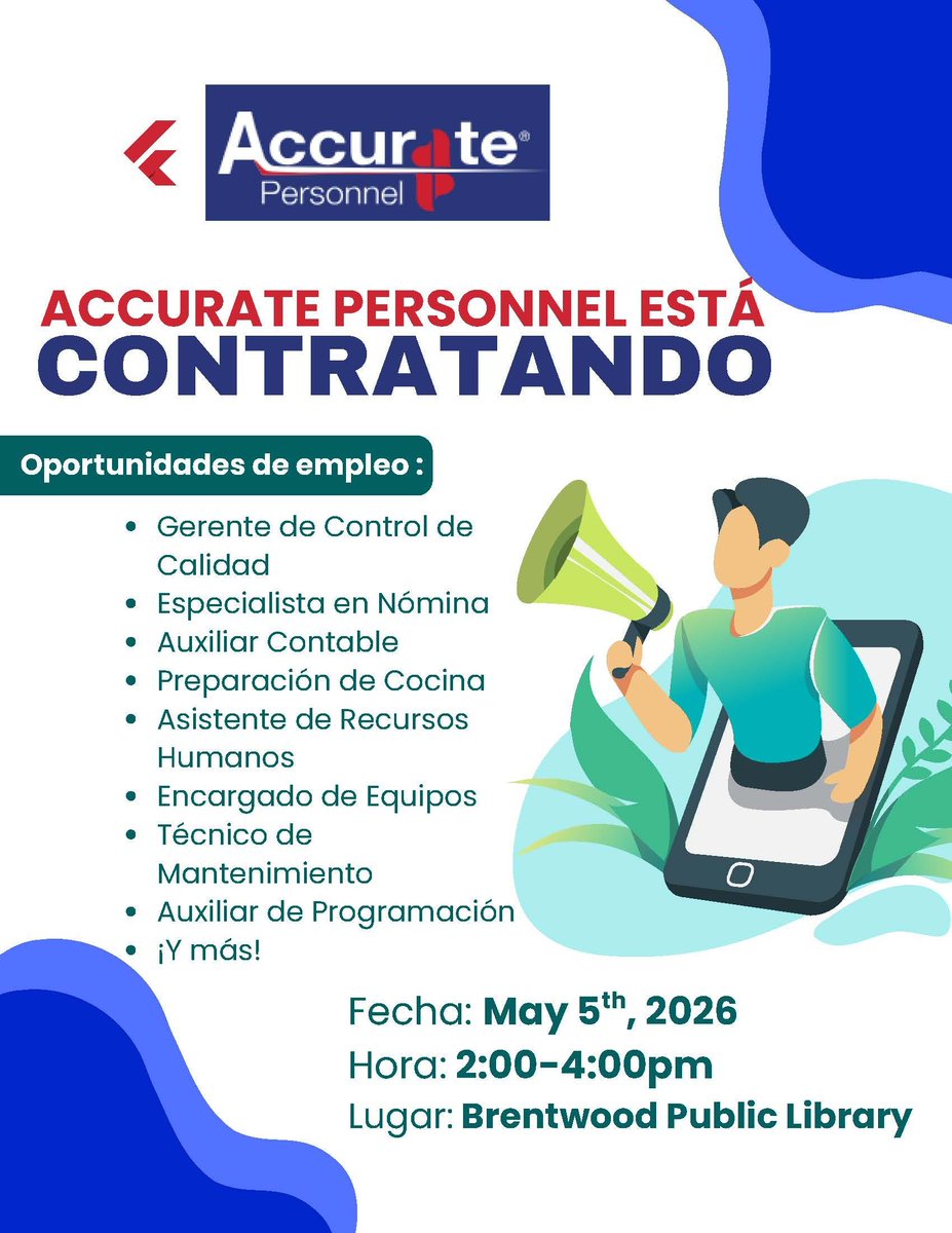 brenlibny's tweet photo. Accurate Personnel is hiring! May 5, from 2:00–4:00 PM at Brentwood Public Library, learn about open positions, including QA Manager, Payroll Specialist, Accounting Clerk, Kitchen Prep, HR Assistant, Equipment Attendant, Maintenance Technician, Scheduler Clerk, and more. https://t.co/a4O11By9WP