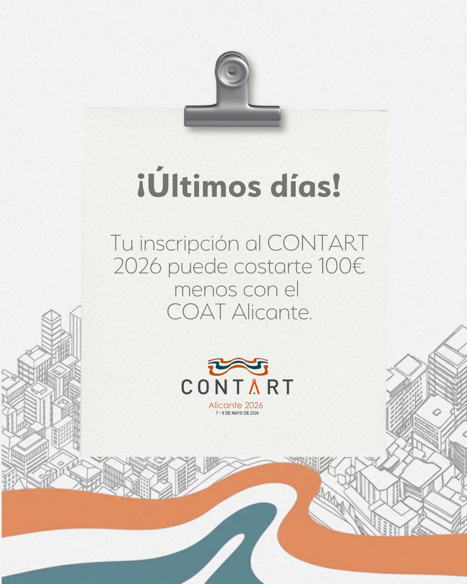 aparejadoresalc's tweet photo. ⏰ ¡Últimos días para inscribirse en el CONTART 2026! Recuerda que el COAT Alicante subvenciona con 100 € la inscripción a los primeros 200 colegiados del #COATA. Envía tu justificante a junta@aparejadoresalicante.org. 

#CONTART2026 https://t.co/sBrB2t5AZc