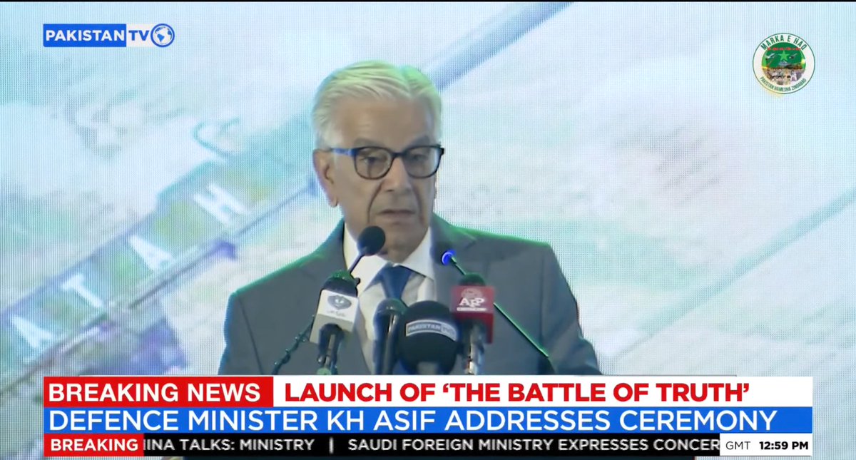 PakTVGlobal's tweet photo. Defence Minister Khawaja Asif addresses the launch ceremony of “The Battle of Truth”. An account of victory co-presented by ISPR and MOIB.
@KhawajaMAsif
#PakistanTV #KhawajaAsif #BattleOfTruth #ISPR #MOIB https://t.co/Nhb2SNaiQ7