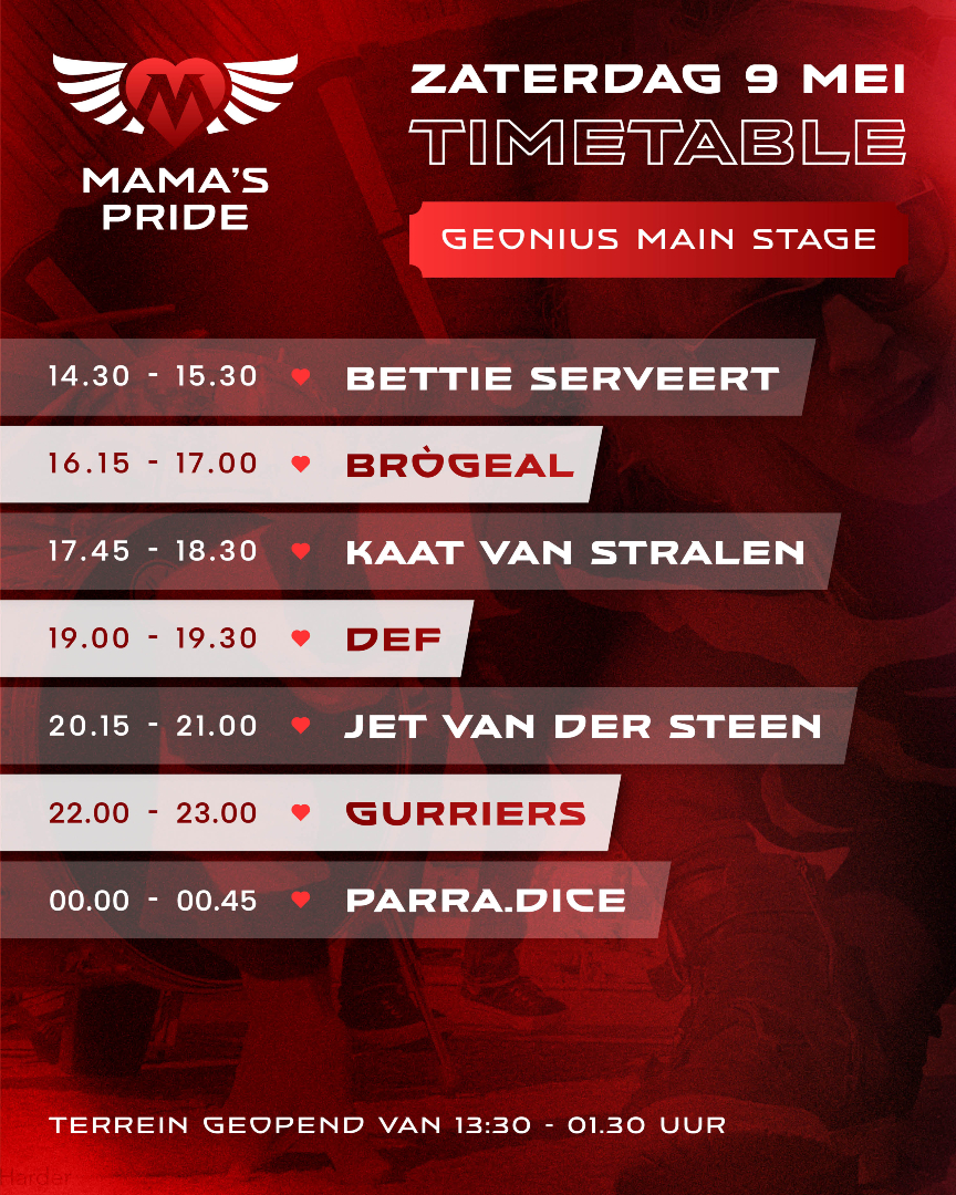 MamasPrideFest's tweet photo. 𝗗𝗘 𝗧𝗜𝗠𝗘𝗧𝗔𝗕𝗟𝗘 𝗩𝗔𝗡 𝗭𝗔𝗧𝗘𝗥𝗗𝗔𝗚 ⏰
Zaterdag staat vol met fantastische acts. Bekijk wanneer jouw must-see artiesten spelen en plan je dag slim. Zo haal je alles uit Mama’s Pride. https://t.co/bSl2Mne3mU