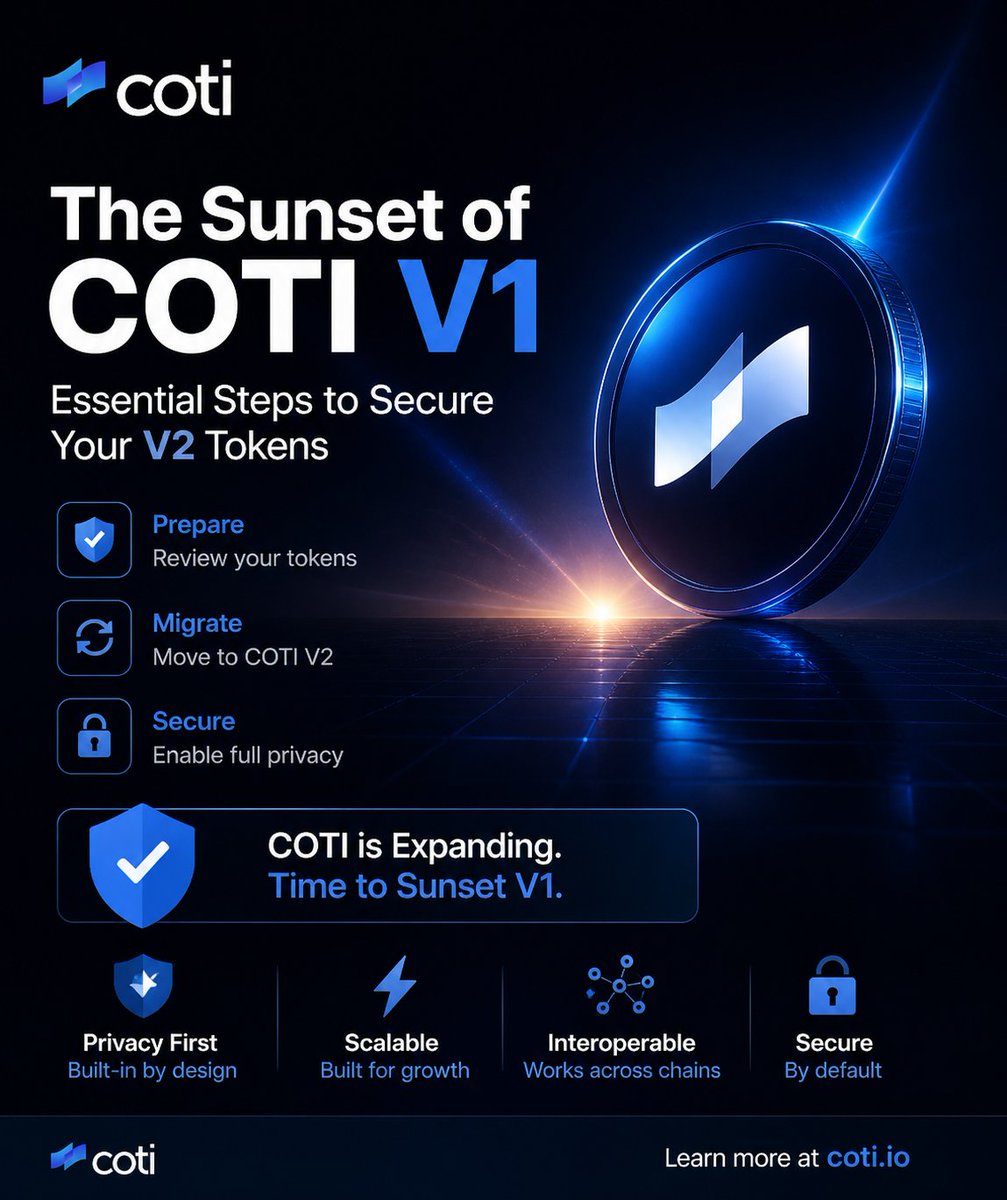 CotiShield's tweet photo. COTI V1 is ending.
If you’re still on V1… you’re already late.
Move to V2.
Secure your tokens. 🔐
#COTI #Crypto #Web3 https://t.co/0oD9yifHuC