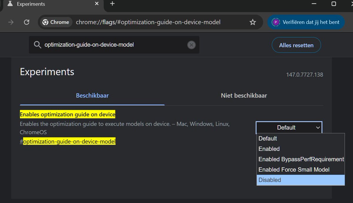 Als jij niet wilt dat Google Chrome stiekem Gemini Nano AI op jouw computer installeert (gebruikt) dan doe je dit:

- Ga naar chrome://flags
- Zoek #optimization-guide-on-device-model en zet op Disabled.
- Herstart Chrome.
- Druk op Windows-toets + R (Run).
- Plak dit en druk op