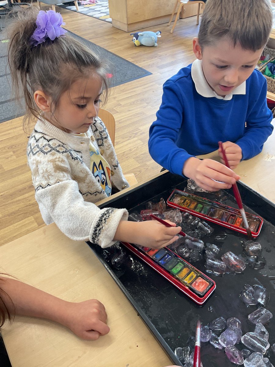 BVCSchool's tweet photo. The children in F2 are learning about the Arctic this week! They got to explore the ice tray and used words like 'freezing, icy, slippery and cold' to describe the feeling. Later, they used water-colours to paint the ice before it melted. @BVCSchool https://t.co/fvGTWhWLM5