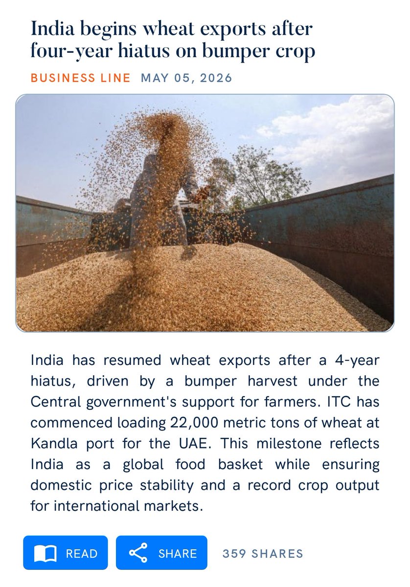 India begins wheat exports after four-year hiatus on bumper crop
thehindubusinessline.com/economy/agri-b…

via NaMo App