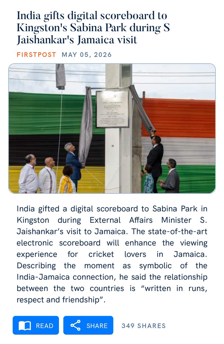 India gifts digital scoreboard to Kingston's Sabina Park during S Jaishankar's Jamaica visit 
firstpost.com/firstcricket/i…

via NaMo App