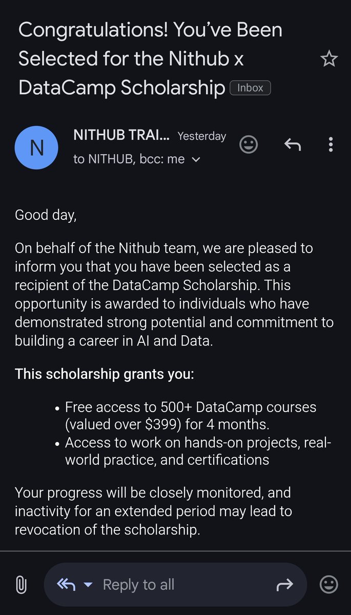 jay_jayedge's tweet photo. I was selected as a recipient for for Nithub Datacamp Scholarship
@nithub_lag @DataCamp https://t.co/V1e500CUNC