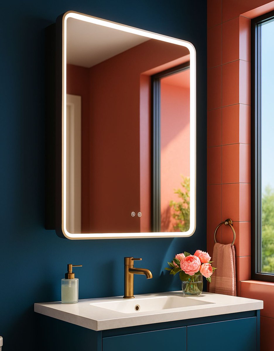 SofiaCabinets's tweet image. Softer silhouette. Brighter routine. Upgrade your reflection. Shown is our brand-new #Penelope Collection of rounded corner #LED medicine cabinets in brushed gold. All products manufactured with pride in the #USA right in New York. #sofiamedicinecabinets