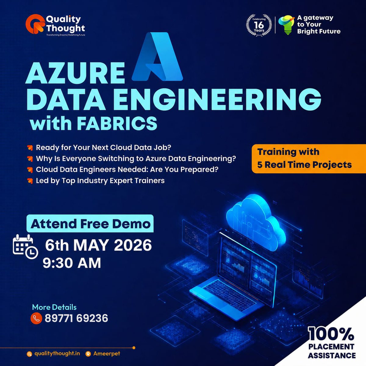 QTTWorld's tweet photo. 📊 Build the future of analytics. Join Free Azure Data Engineering with Fabrics Demo at Quality Thought.
📅 06th May | ⏰09:30 AM
✅ Enroll Now: https://t.co/pXiw5pd7q6
📞 89771 69236
🔗 WhatsApp Channel: https://t.co/dyhzVb4cix
📍Ameerpet
#AzureDataEngineering #QualityThought https://t.co/QIAP8IezN4