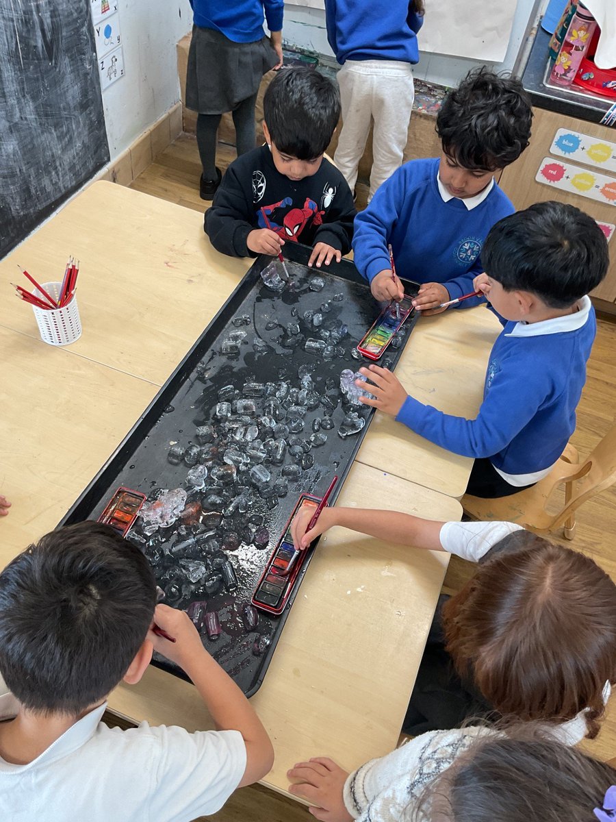 BVCSchool's tweet photo. The children in F2 are learning about the Arctic this week! They got to explore the ice tray and used words like 'freezing, icy, slippery and cold' to describe the feeling. Later, they used water-colours to paint the ice before it melted. @BVCSchool https://t.co/fvGTWhWLM5