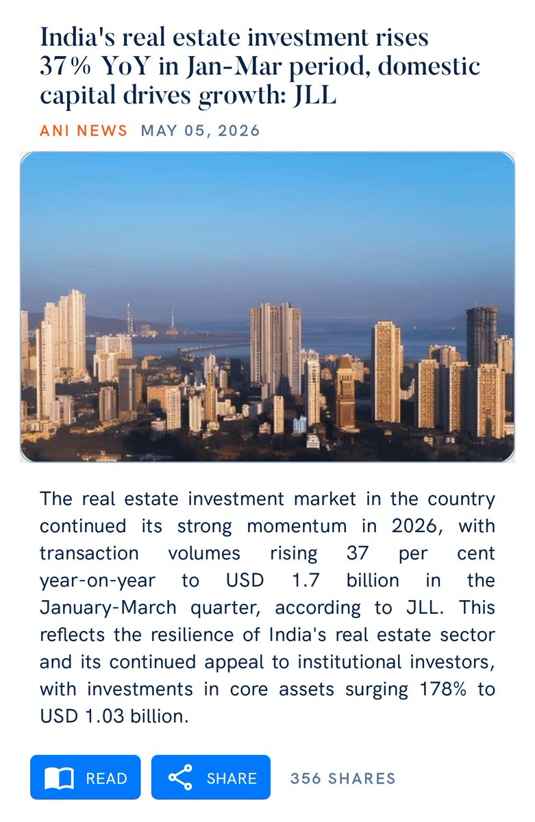 India's real estate investment rises 37% YoY in Jan-Mar period, domestic capital drives growth: JLL
aninews.in/news/business/…

via NaMo App