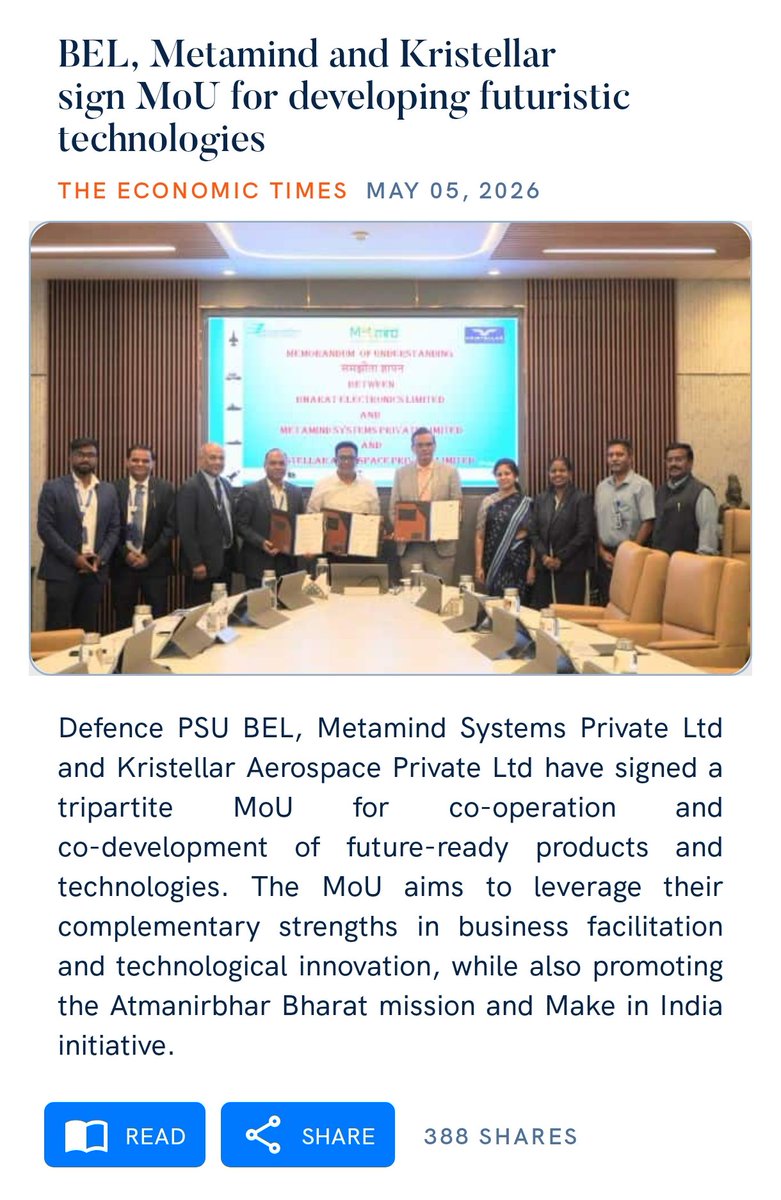 BEL, Metamind and Kristellar sign MoU for developing futuristic technologies
m.economictimes.com/news/defence/b…

via NaMo App