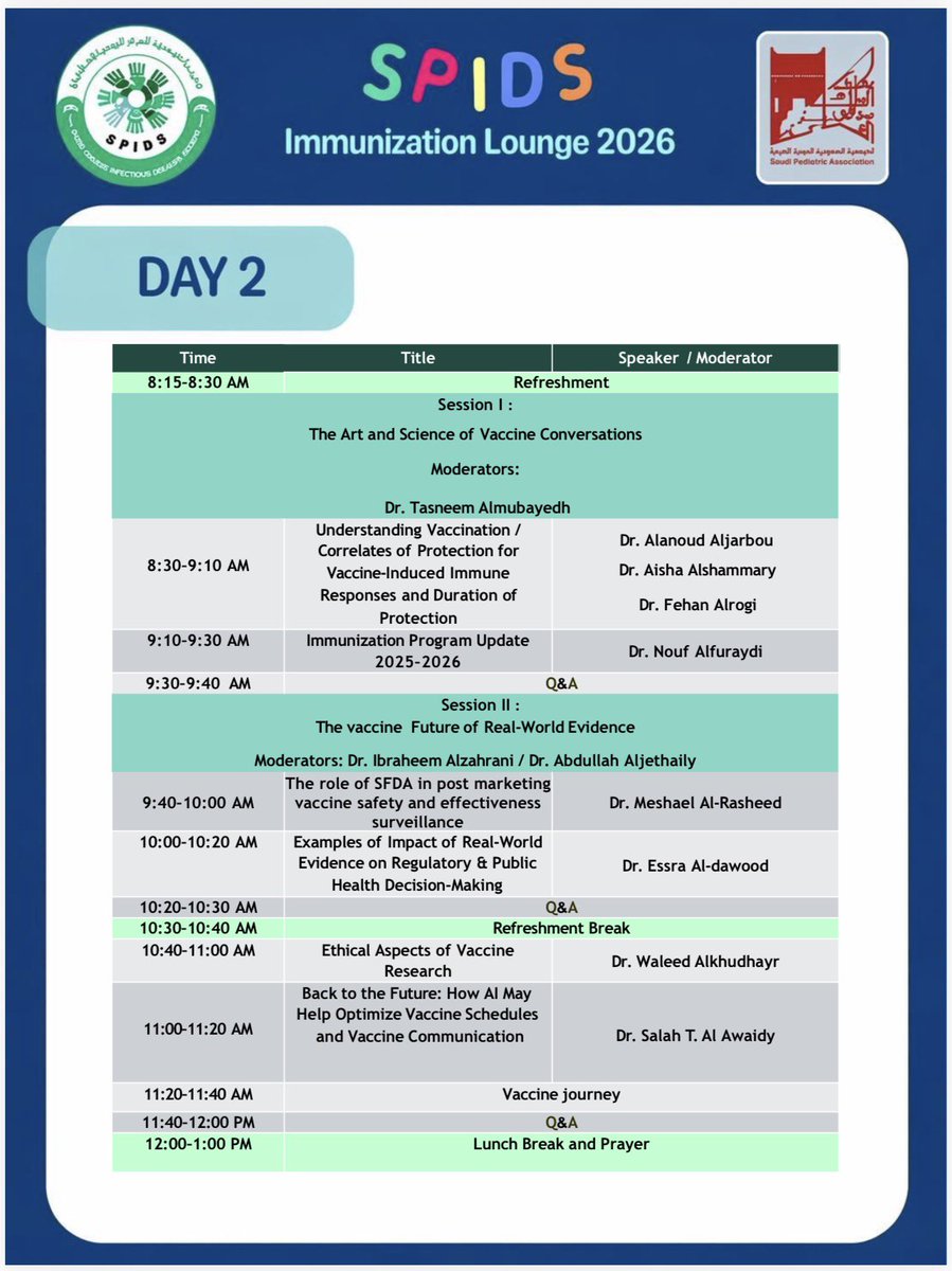 SPIDS_1's tweet photo. @SPIDS_1 
SPIDS Immunization Lounge 2026

Day 2 centers on vaccine science, communication, and real-world evidence in immunization.  ￼

It highlights safety monitoring, AI in vaccine strategies, and updates in immunization programs.  ￼

The day concludes with sessions on adolescent, adult, and respiratory infection vaccines, including RSV and tuberculosis.