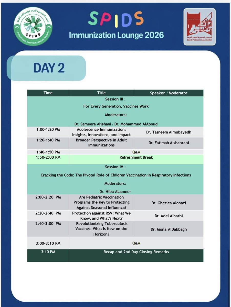 SPIDS_1's tweet photo. @SPIDS_1 
SPIDS Immunization Lounge 2026

Day 2 centers on vaccine science, communication, and real-world evidence in immunization.  ￼

It highlights safety monitoring, AI in vaccine strategies, and updates in immunization programs.  ￼

The day concludes with sessions on adolescent, adult, and respiratory infection vaccines, including RSV and tuberculosis.