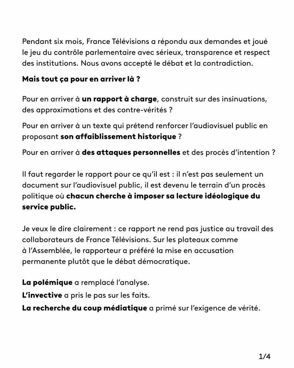 GillesMonchy's tweet photo. En réponse au rapport de la commission d’enquête sur #audiovisuelPublic, la présidente de @FranceTV @DelphineErnotte défend les missions du service public, son rôle démocratique, culturel et social, l’indépendance et l’exigence éditoriale. https://t.co/zjtgmJaRDW