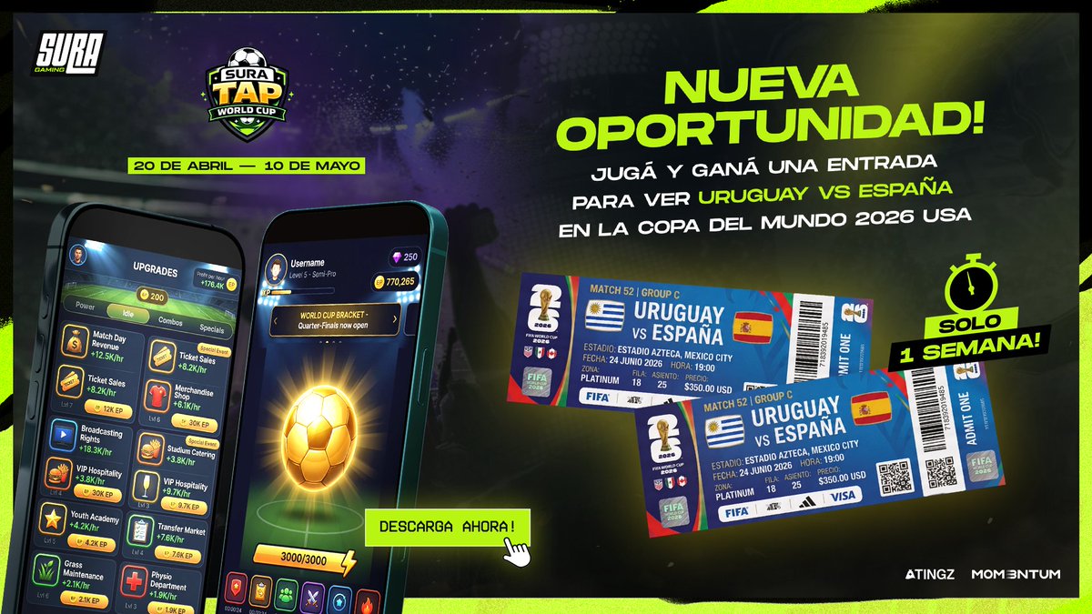 suragamingteam's tweet photo. NUEVA OPORTUNIDAD! 🏆⚽️  

¿Pensaste que se había terminado?

🎟️ Ahora podés ganar entradas para Uruguay vs España

El Mundial sigue en juego y vos también. 
Empezá a jugar hoy 👇🏽
https://t.co/lKBzBJcToH

⏳ No arranques tarde. https://t.co/C609zIfmyE