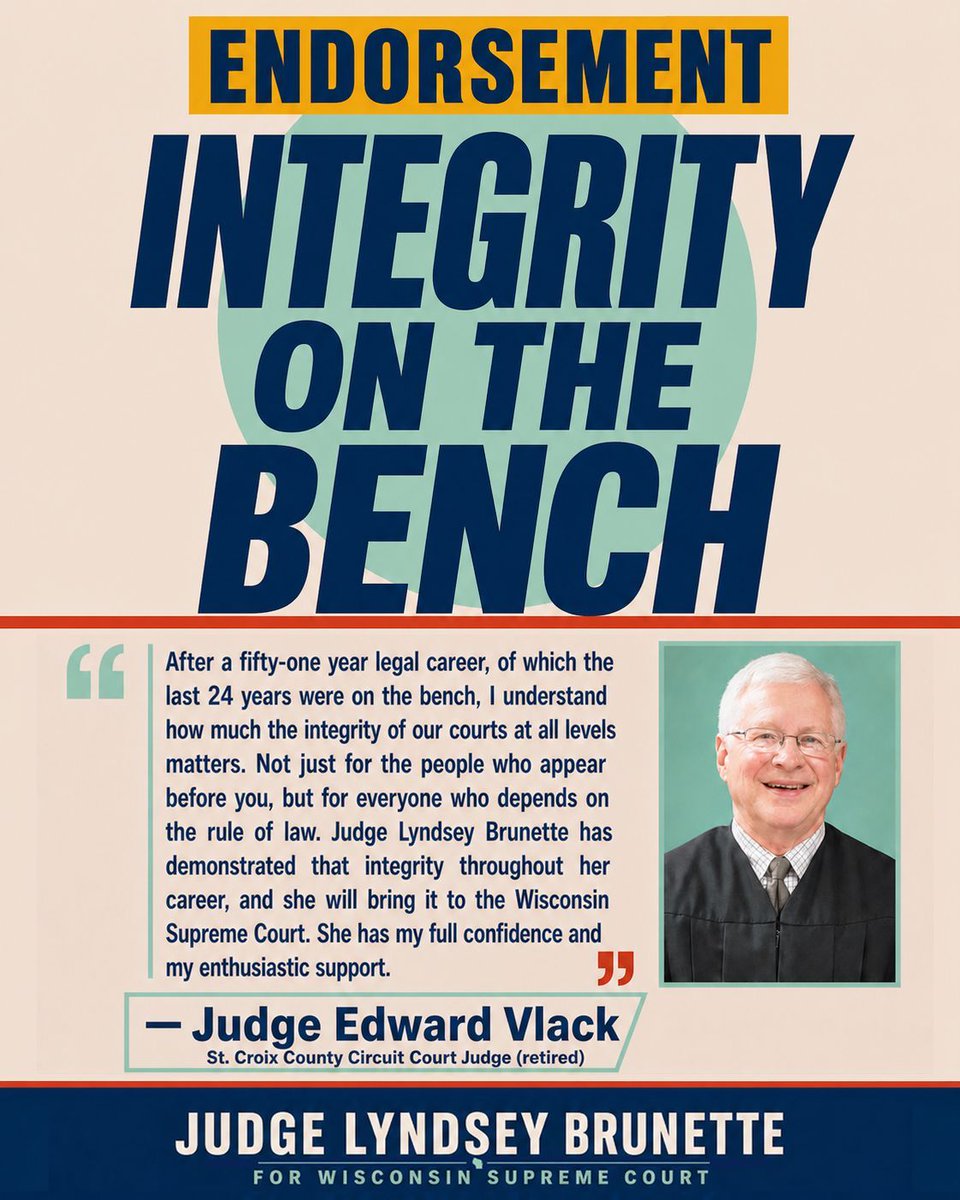 BrunetteForWI's tweet photo. Ret. Judge Edward Vlack: "I understand how much the integrity of our courts at all levels matters. Not just for the people who appear before you, but for everyone who depends on the rule of law. Judge Lyndsey Brunette has demonstrated that integrity throughout her career." https://t.co/ldqnhOPOXl