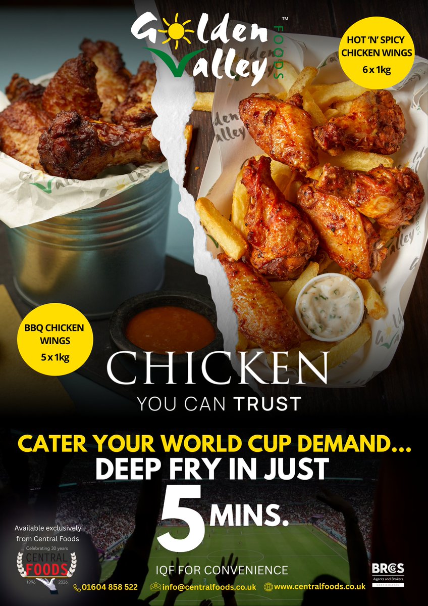 CentralFoods's tweet image. Cater your World Cup demand with our range of #tasty Golden Valley Foods Chicken Wings as seen in the April issue of @WholesaleManage  magazine; page 39.
 
𝗕𝗕𝗤 𝗖𝗵𝗶𝗰𝗸𝗲𝗻 𝗪𝗶𝗻𝗴𝘀 🍗
𝗛𝗼𝘁 '𝗻' 𝗦𝗽𝗶𝗰𝘆 𝗖𝗵𝗶𝗰𝗸𝗲𝗻 𝗪𝗶𝗻𝗴𝘀 🍗