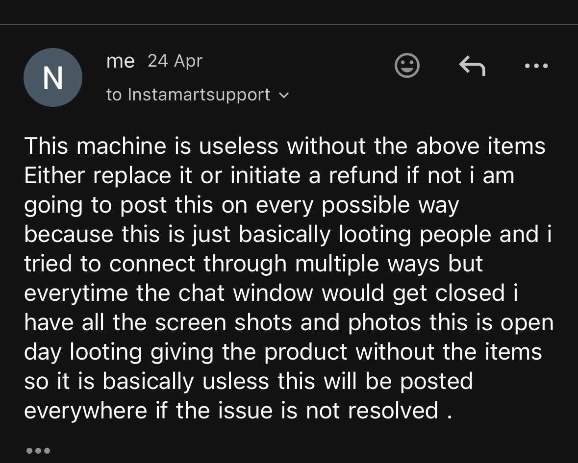 Nameet09's tweet photo. I ordered a coffee machine throughout swiggy instamart and they sent it without seal,manual,warranty card ,coffee holed,filter so basically machine is useless without the above items when mailed and called them no resolution provided and was told that we cant help with a refund https://t.co/s03nGCaD18