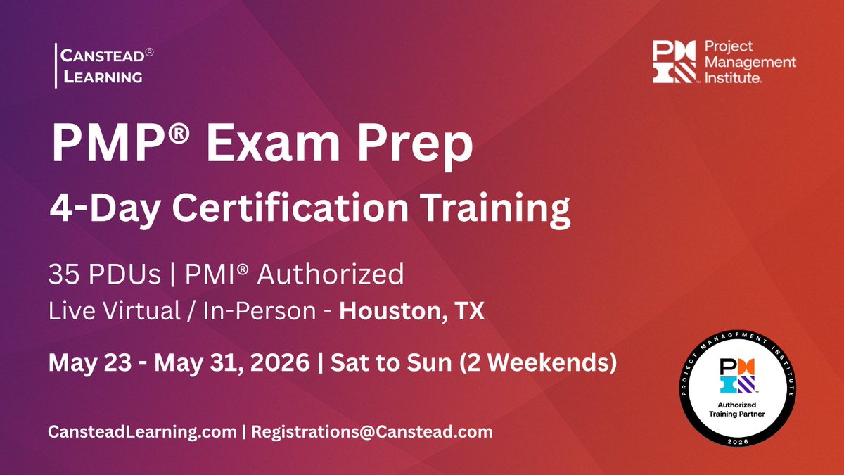 CansteadInc's tweet photo. PMP® Exam Prep – 4-Day Training (Houston)

Become a certified project leader.
PMI® Authorized | 35 PDUs | 500 Practice Qs | Real-World Case Studies

📅 May 23 - May 31, 2026 | Sat to Sun (2 Weekends)
🔗 https://t.co/1r1vI2pvWK

#PMP #PMPCertification #houston #CorporateTraining https://t.co/In22cVzvP5