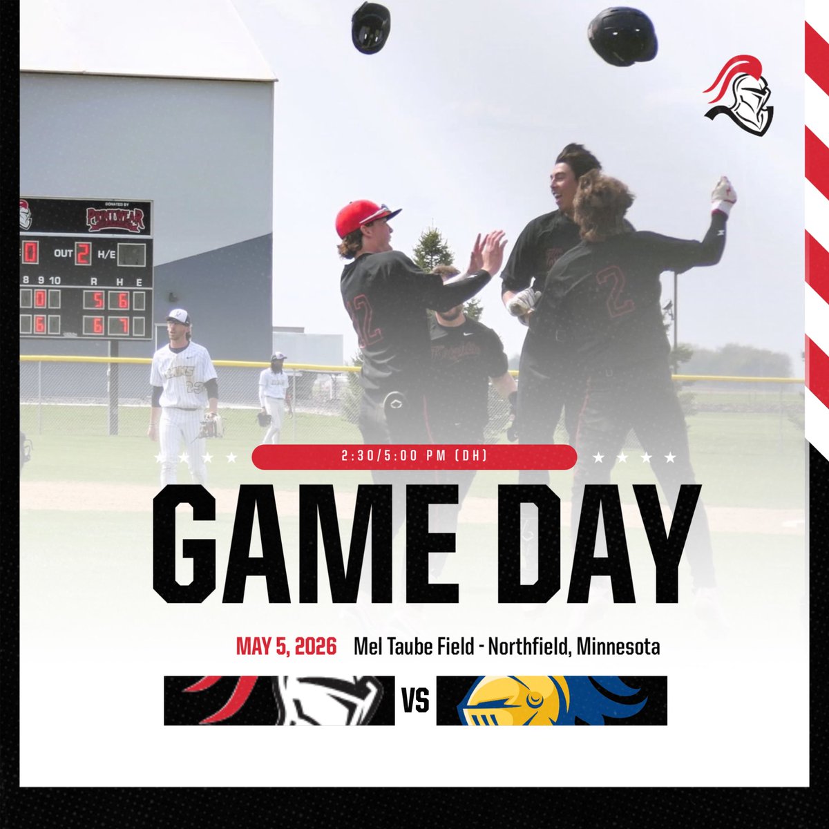 MLCBSBL's tweet photo. Last Gameday today! ⚔️😢 Your Knights travel to Carleton to finish of the 2026 campaign 

@ Carleton
📍Northfield, MN
🕕 2:30/5:30
📺 MIAC Sports Network
📊 https://t.co/G2ghkv2Miw https://t.co/HxQSEeJOyq