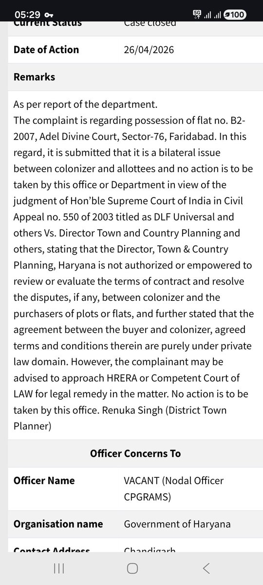 bhadana's tweet photo. @DARPG_GoI
PGPortal is meaningless in Haryana. 

DTCP closed my grievance in one line: “Approach Court/HRERA. No action.”

So PGPortal is just a forwarding tool, not grievance redressal?

If departments won’t act, why waste public money on it?

Does it even matter to @cmohry ? https://t.co/5qrg3s8K9A