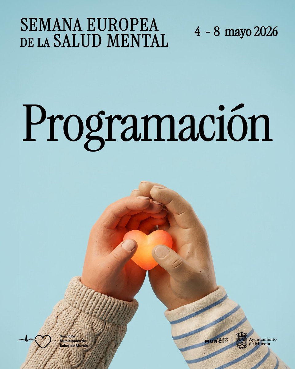 AytoSaludMurcia's tweet photo. PROGRAMACIÓN SEMANA EUROPEA SALUD MENTAL 2026.

Del 4 al 8 de mayo, nos unimos a la Semana Europea de la Salud Mental con charlas, talleres, actividades y espacios abiertos para toda la ciudadanía.

Priorizar la salud mental en una Europa cambiante.

👇 Consulta el programa. https://t.co/cldD9MGx73