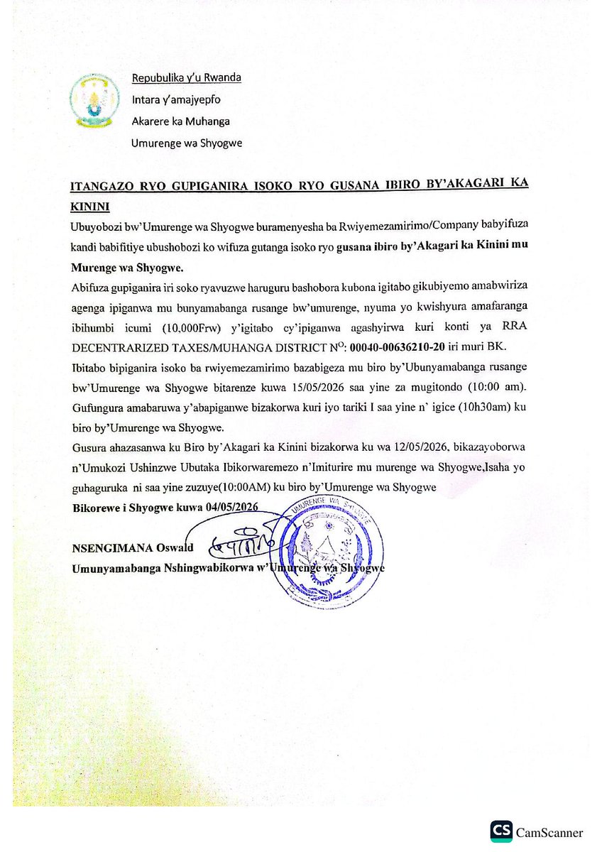 Itangazo ryo gupiganira isoko ryo gusana Ibiro by'Akagari ka Kinini mu ...