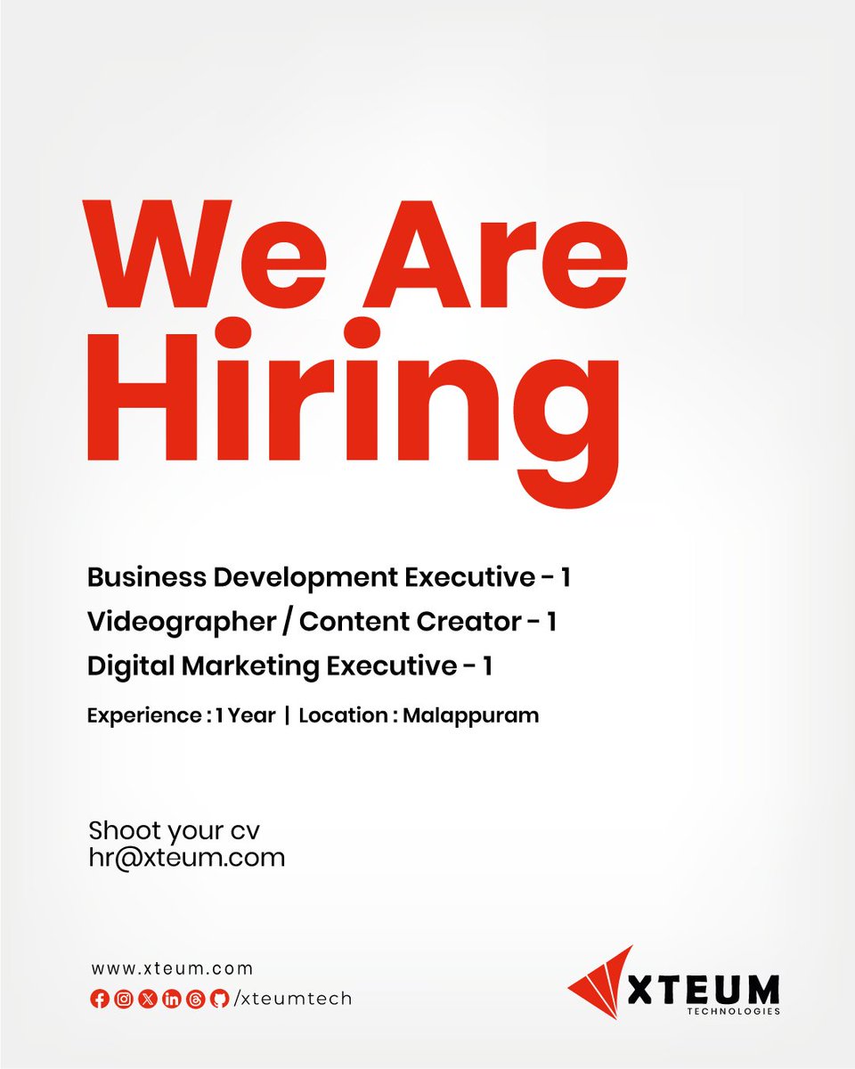 xteumtech's tweet photo. We are hiring.

Business Development Executive (1nos)
Videographer / Content Creator (1nos)
Digital Marketing Executive (1nos)

Experience : 1 Year
Location : Malappuram

Shoot your CV at hr@xteum.com https://t.co/yW6vMZeF8v